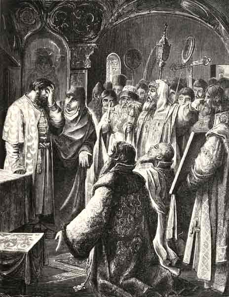 Патриарх Иов и московский народ просят Бориса Годунова на царство